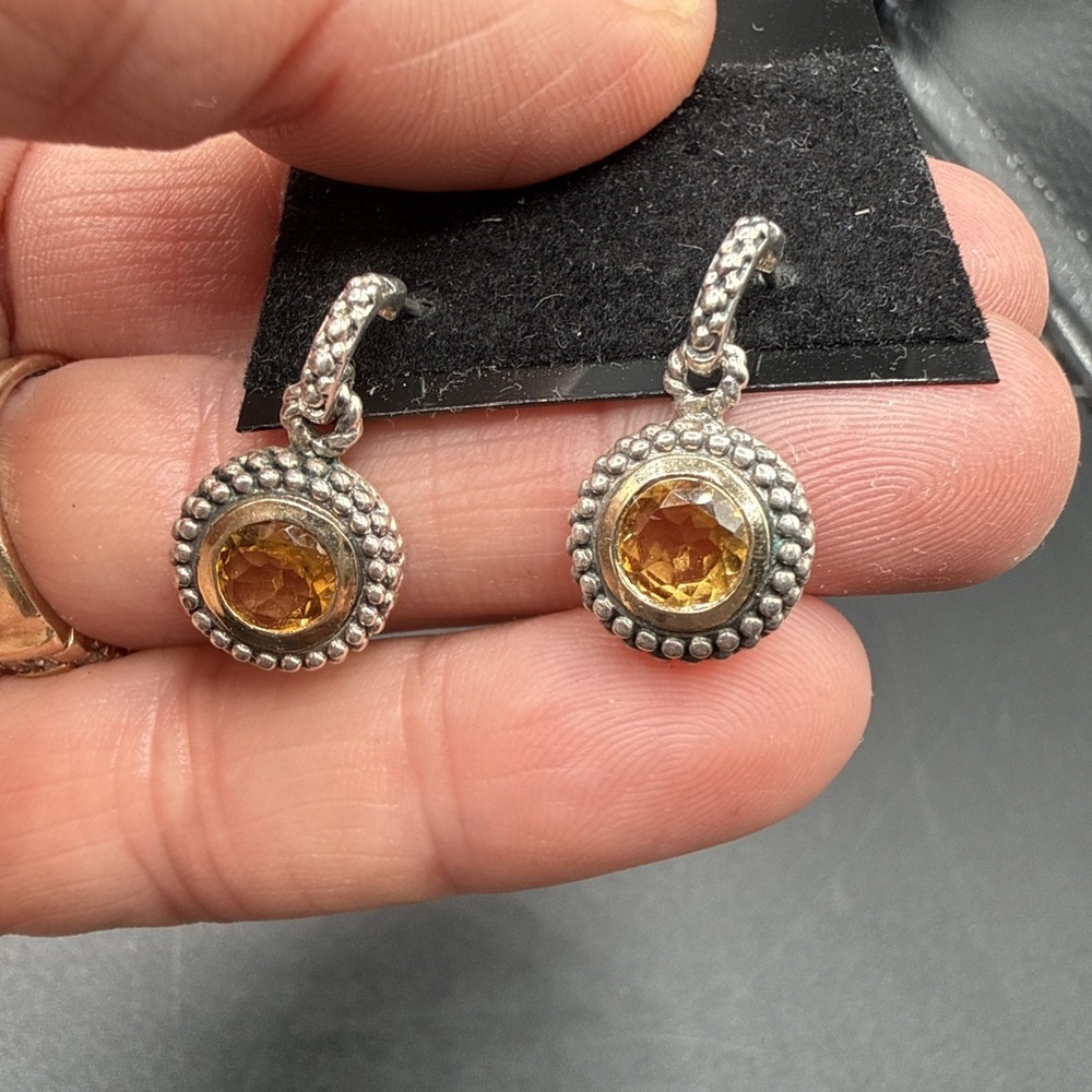 ATR 14K‎ Gold 925 Sterling Silver Citrine Dangle Drop Earrings Caviar Beaded VTG